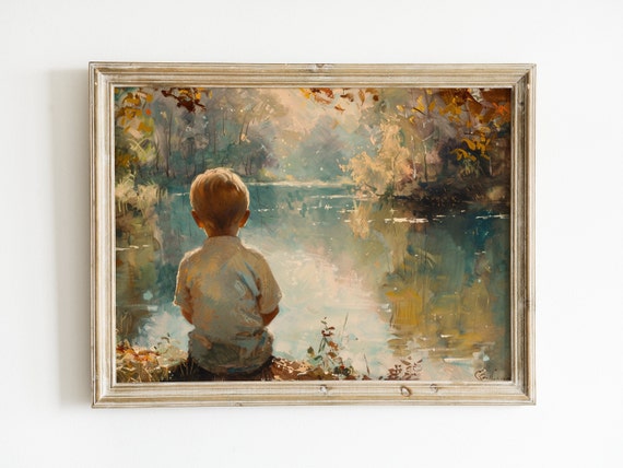 Vintage Wall Art Boy By Pond Summer Decor Print Boys Nursery Painting Antique Instant Nature