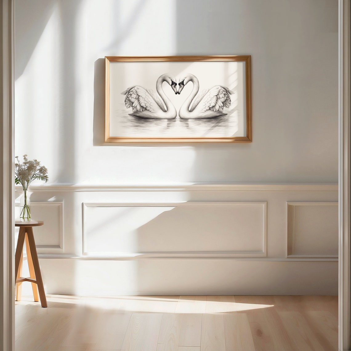 Two Swans Facing Heart Necks Pencil Sketch Romantic Animal Poster - Image 2
