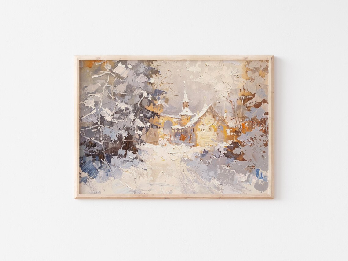 Impressionist Snowy Village Church Steeple Winter Morning Art Poster - Image 2
