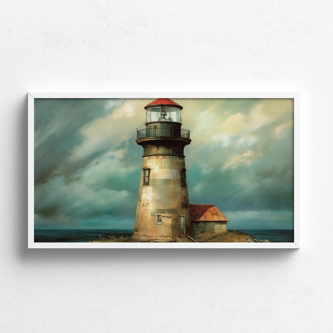 Stormy Sea Lighthouse with Red Dome Coastal Oil Painting Poster - Image 2