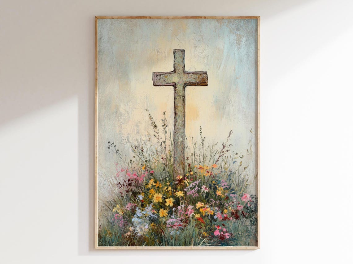 Stone Cross in a Wildflower Meadow Vintage Christian Painting Poster