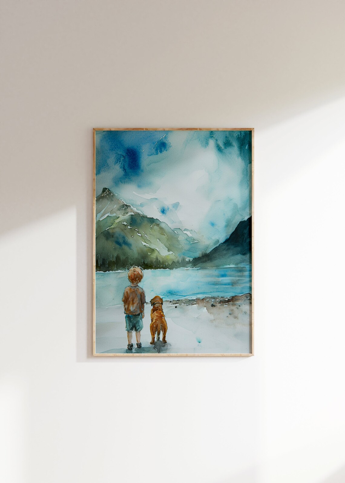 Boy And Dog Nursery Print Watercolor Painting Animal Wall Art Puppy Mountain Nature Toddler Baby Room Artwork - Image 2