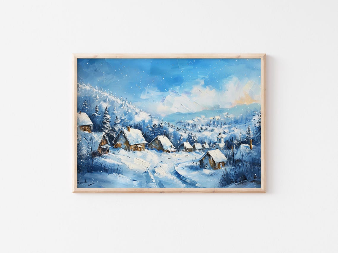 Moonlit Blue Snowy Cabin Village Winter Night Landscape Travel Poster - Image 2