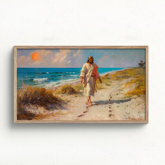 Jesus Walking On Sunny Beach Ocean Shoreline Christian Faith Wall Art