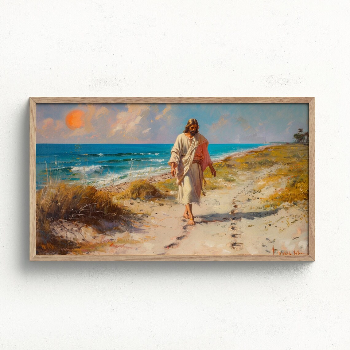 Jesus Walking On Sunny Beach Ocean Shoreline Christian Faith Wall Art