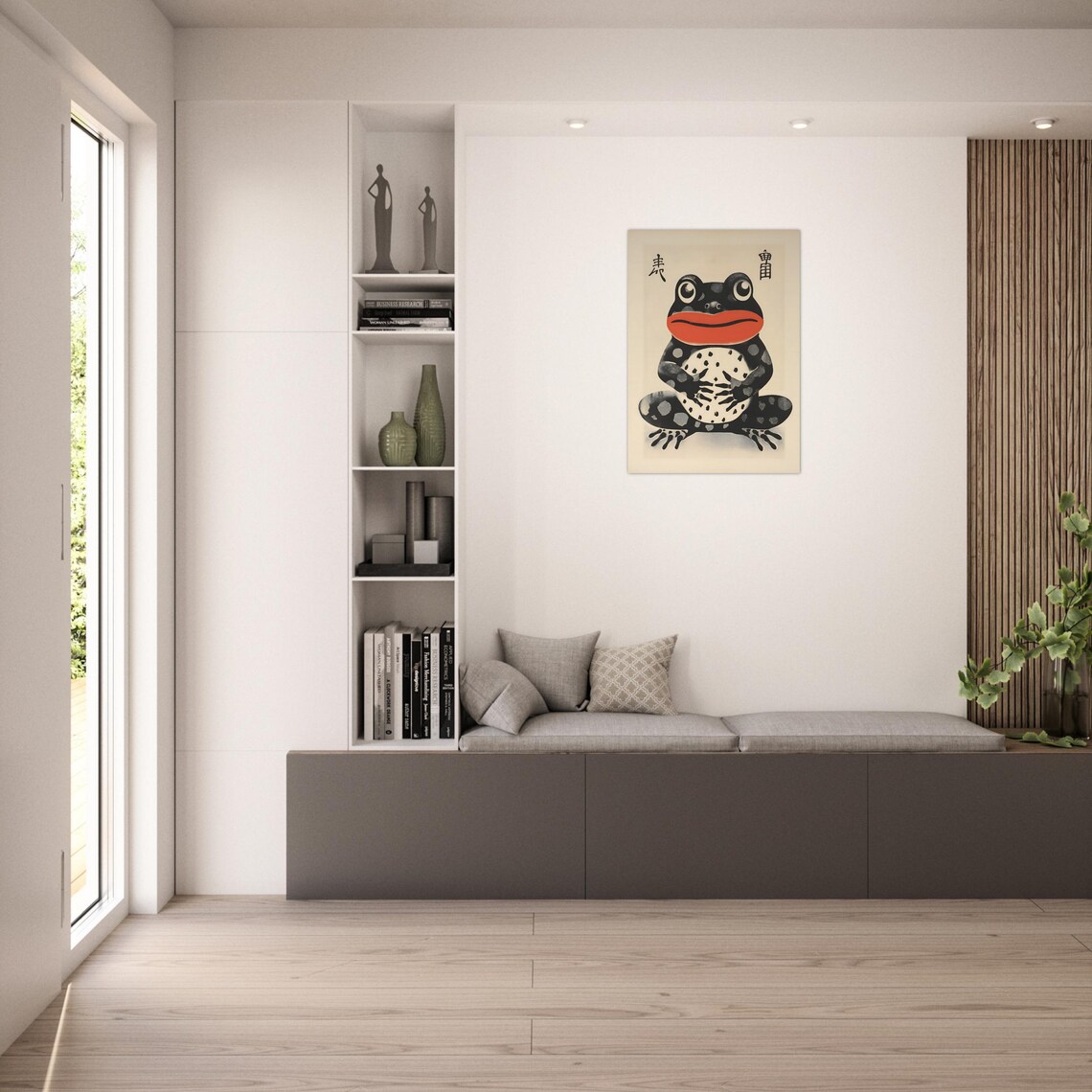 Japanese Woodblock Style Frog With Bold Red Lips On Cream Background Poster - Image 2