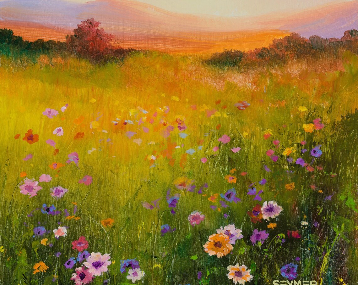 Meadow Landscape Oil Painting, Rustic Farmhouse Art Print