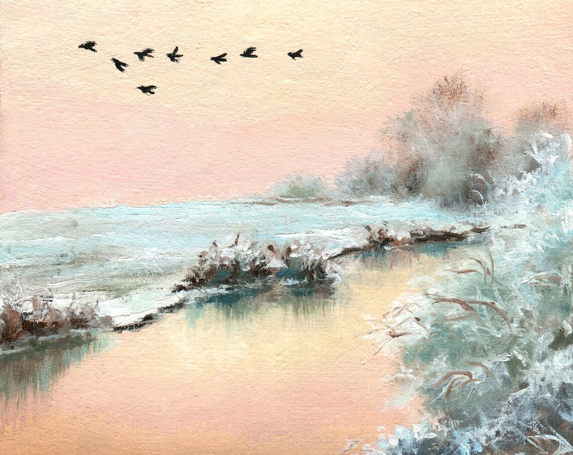 Flock of Birds Flying Over a Frosty Winter River at Sunrise Poster