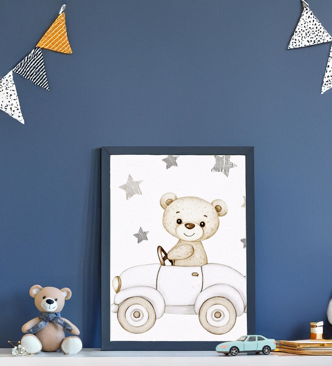 Teddy Bear Driving Vintage Car Stars Nursery Kids Room Poster - Image 3