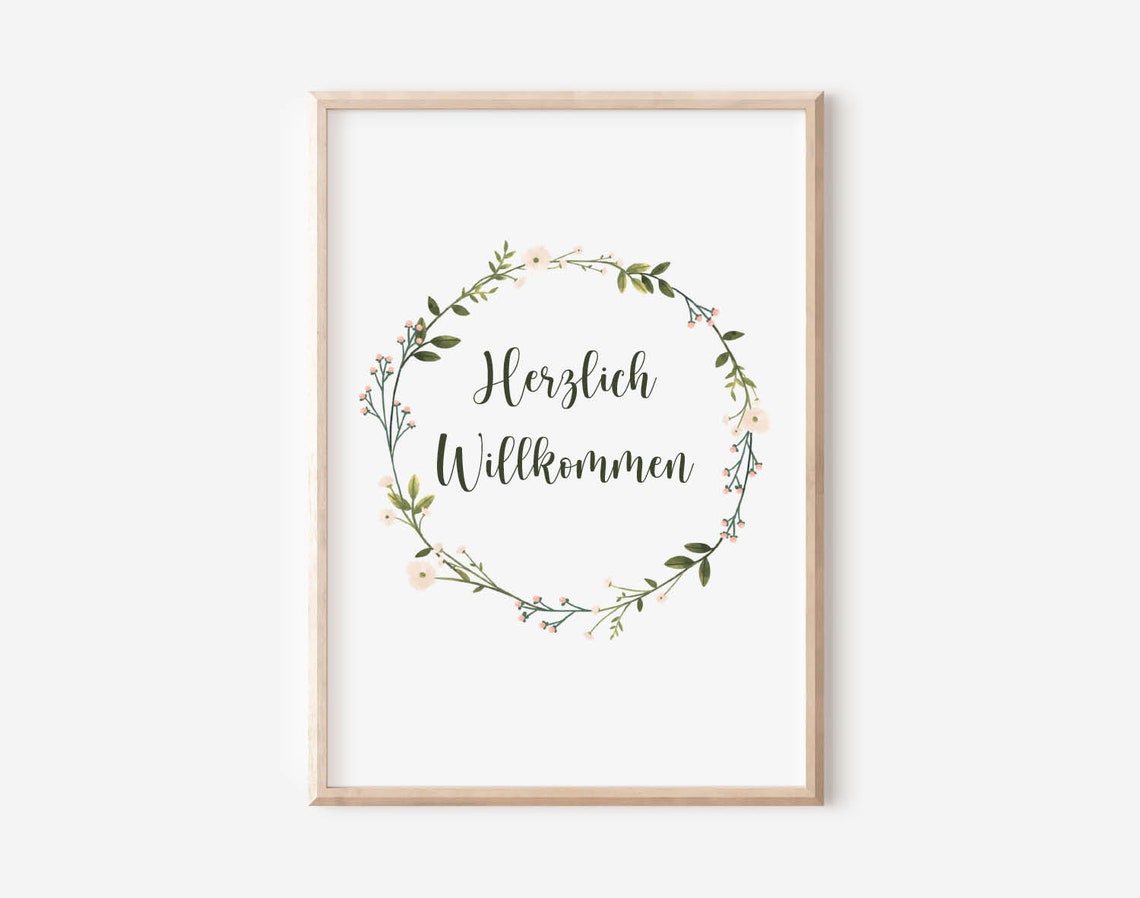 Herzlich Willkommen Green Calligraphy Floral Wreath Art Poster