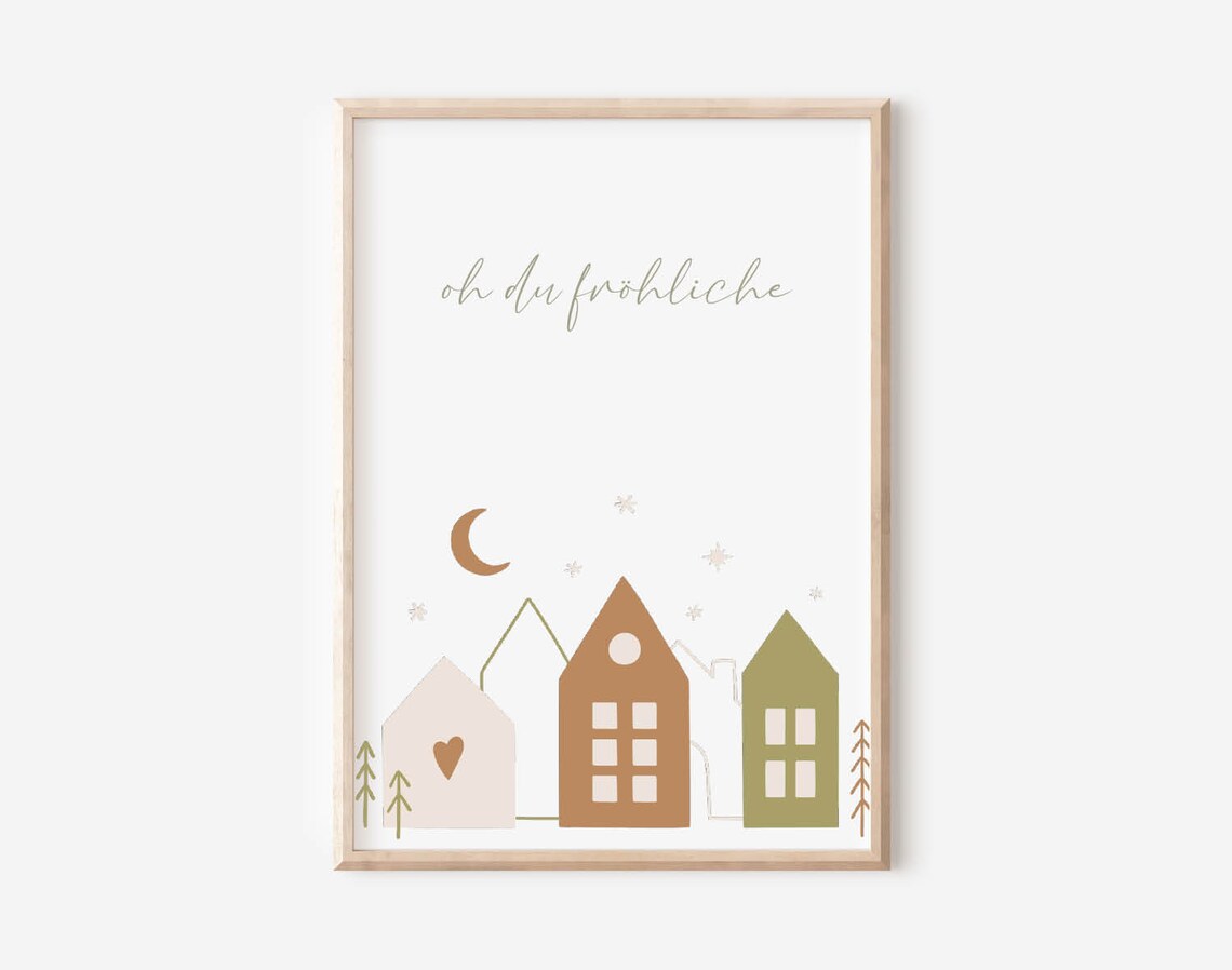 Oh Du Frohliche German Winter Village Houses Minimalist Art Poster