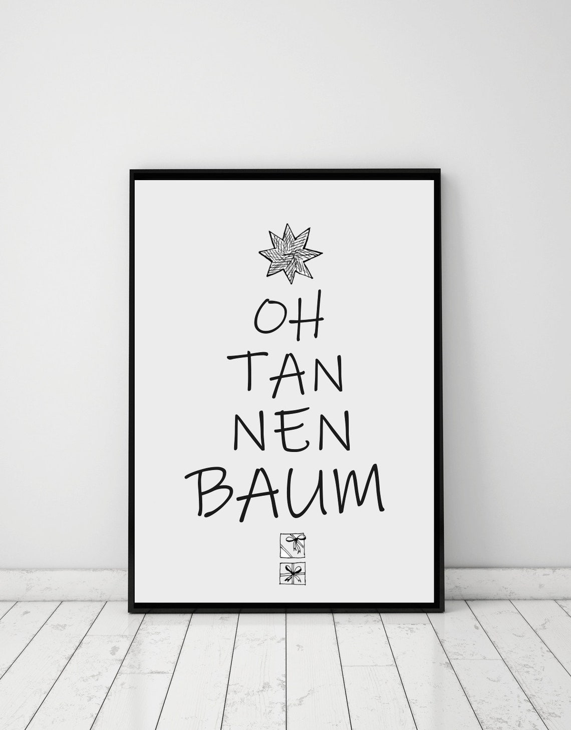 Oh Tannenbaum Hand Lettered Star Black and White Christmas Poster - Image 2