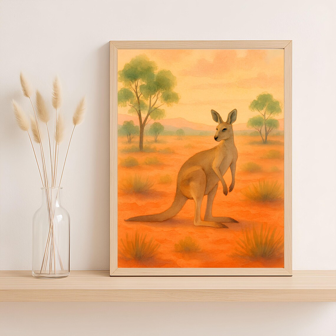 Australian Kangaroo Outback Sunset Watercolor Wildlife Poster