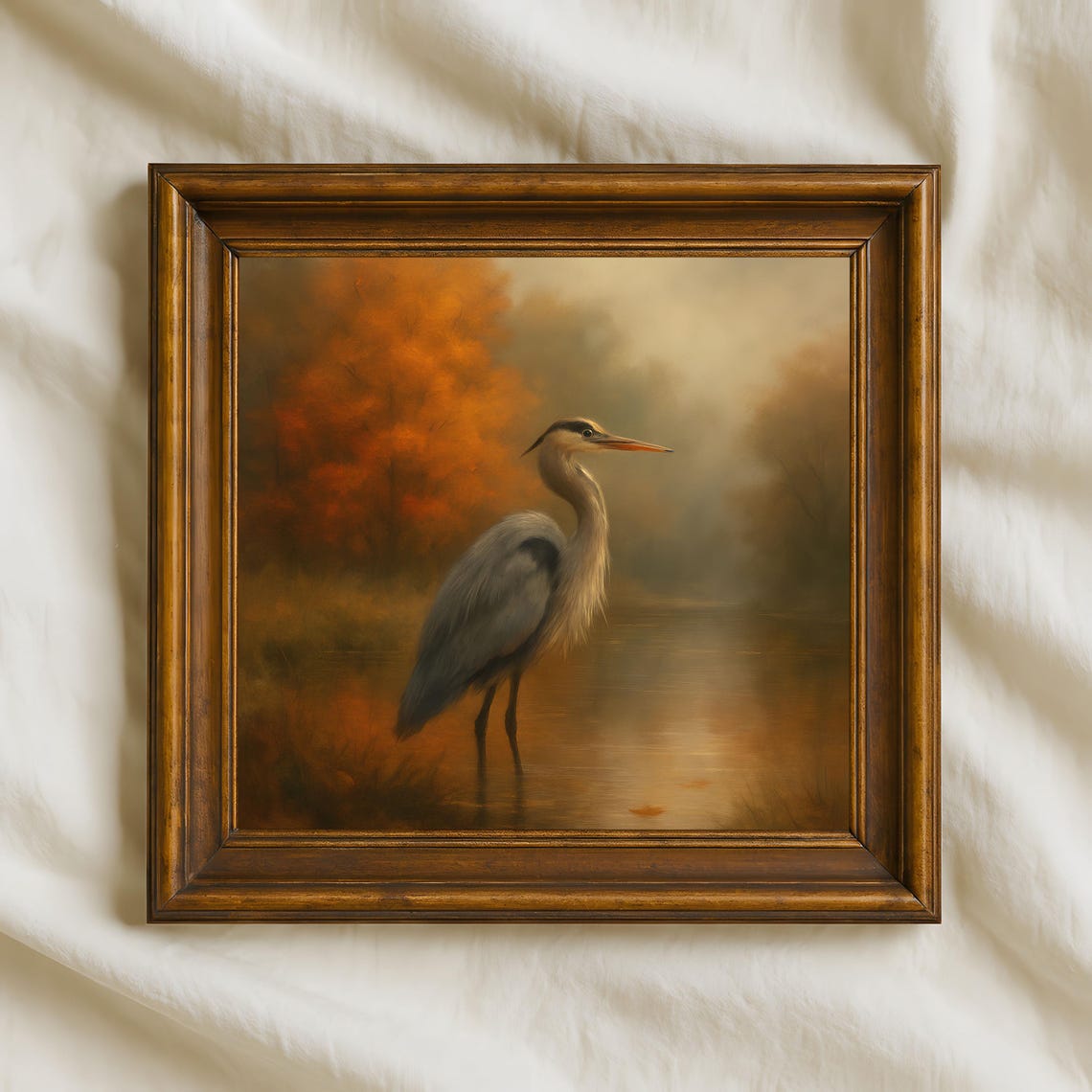 Autumn Heron By The River Tranquil Fall Bird Wall Art Print Square Nature Artwork For Rustic Home Decor