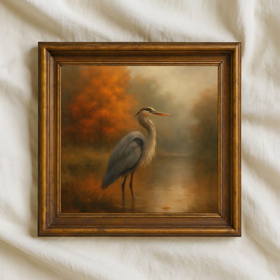 Autumn Heron By The River Tranquil Fall Bird Wall Art Print Square Nature Artwork For Rustic Home Decor
