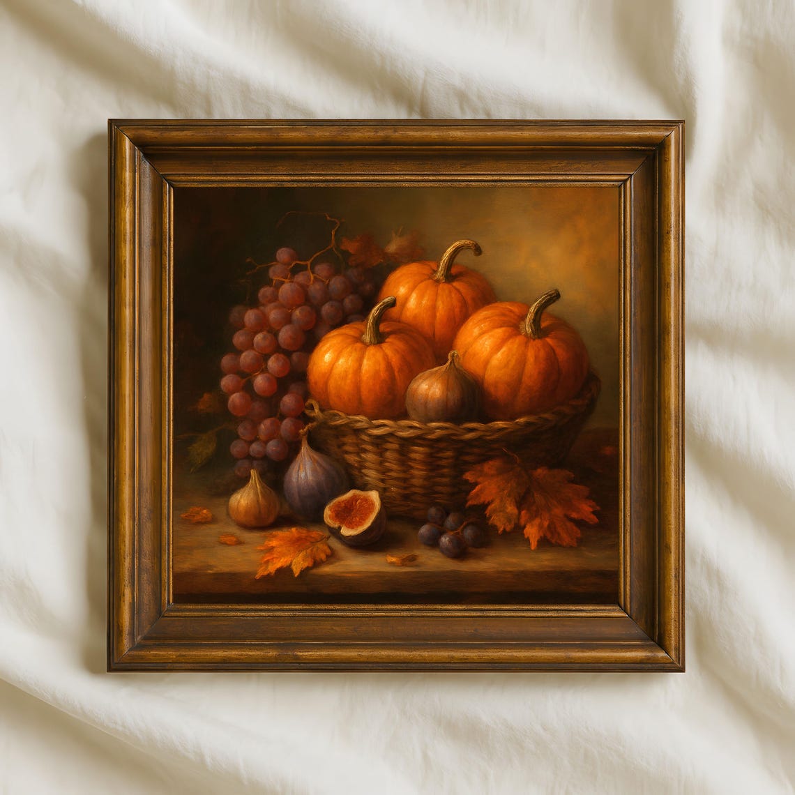 Autumn Pumpkins Basket Grapes Figs Rustic Harvest Still Life Poster