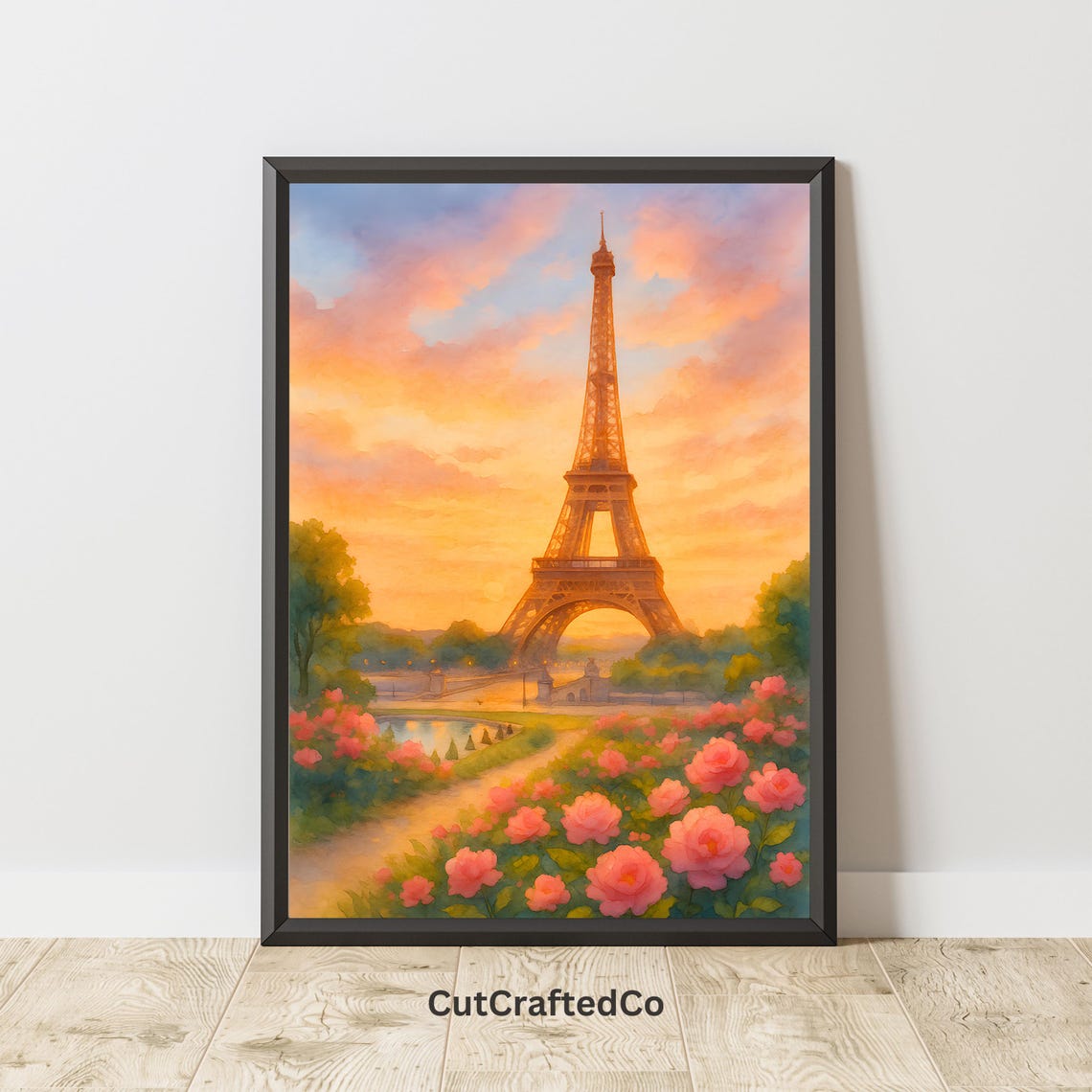Paris Eiffel Tower Sunset Rose Garden Romantic Watercolor Poster