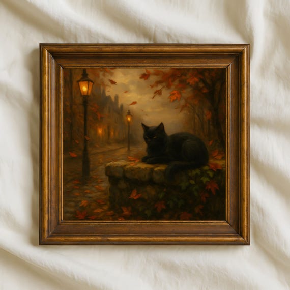 Black Cat Oil Painting Autumn Street Wall Art 11 Square Gothic Print For Halloween Or Cozy Fall Home Decor