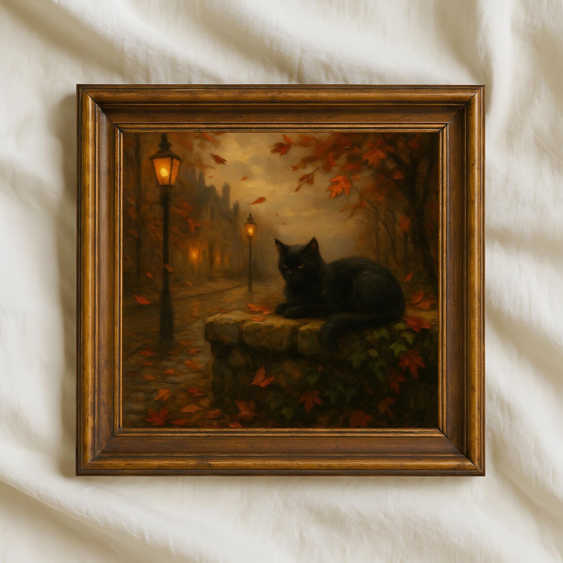 Black Cat Autumn Street Lamppost Moody Oil Painting Night Poster