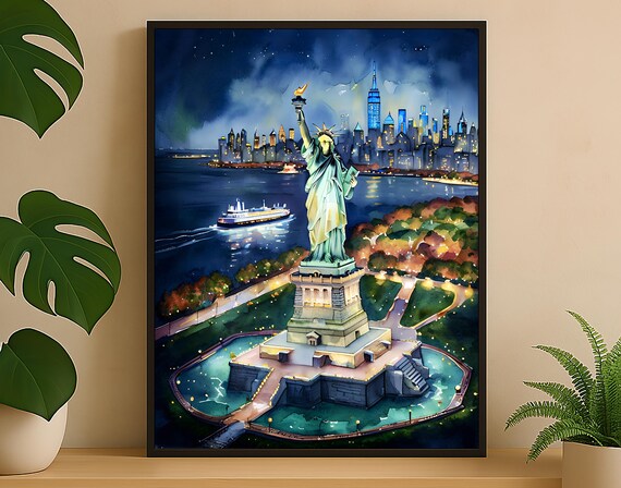 Statue of Liberty Night Manhattan Skyline Watercolor Art Poster