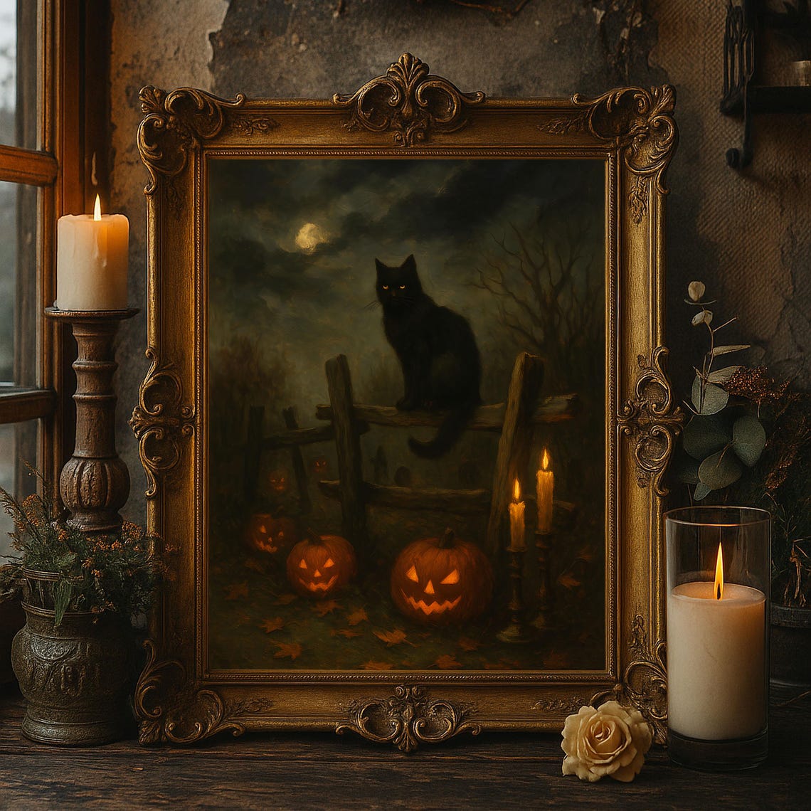 Black Cat Halloween Wall Art Gothic Pumpkin Graveyard Oil Painting Spooky Witchy Artwork Decor