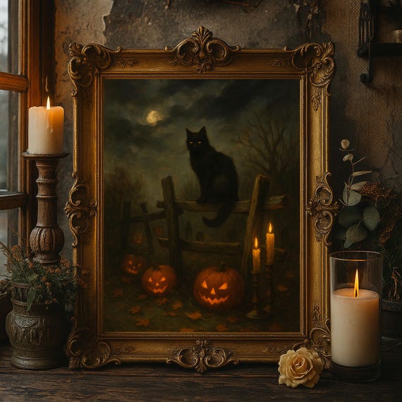 Black Cat Halloween Wall Art Gothic Pumpkin Graveyard Oil Painting Spooky Witchy Artwork Decor