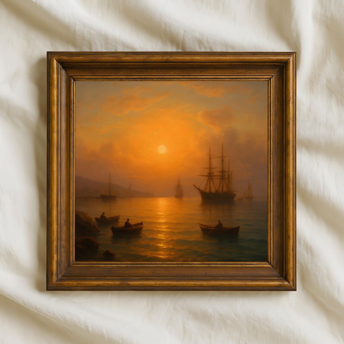 Golden Sunset Seascape Tall Ship Ocean Oil Painting Wall Art