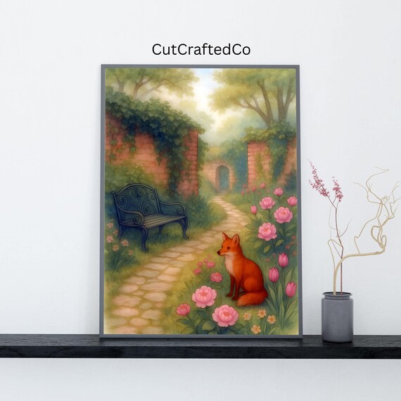 Whimsical Garden Wall Art Cottage Path With Fox Flowers Storybook Bench Scene Ivy Archway Print Decor