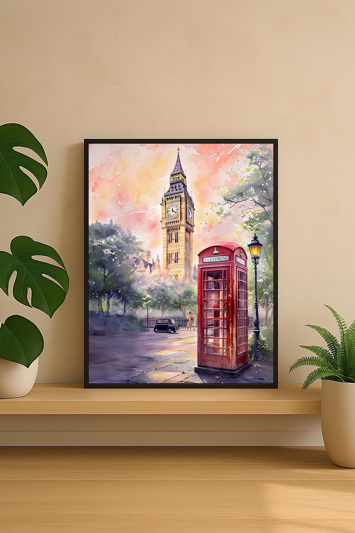 Big Ben and Red Phone Booth London Watercolor Art Print
