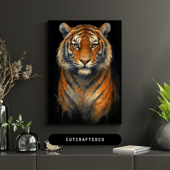 Majestic Tiger Face Portrait in Watercolor Style on Black Wall Art