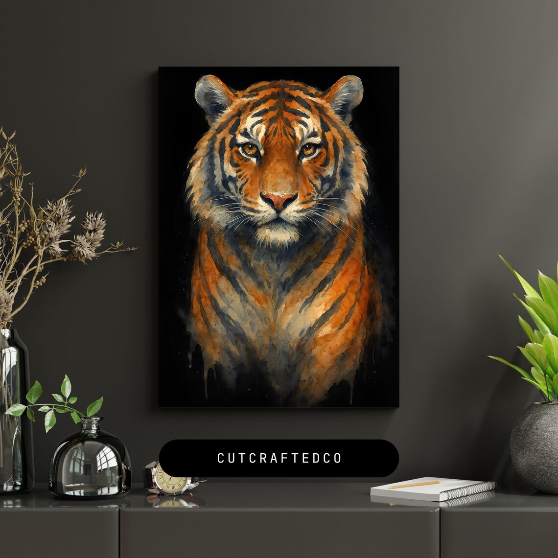 Majestic Tiger Face Portrait in Watercolor Style on Black Wall Art