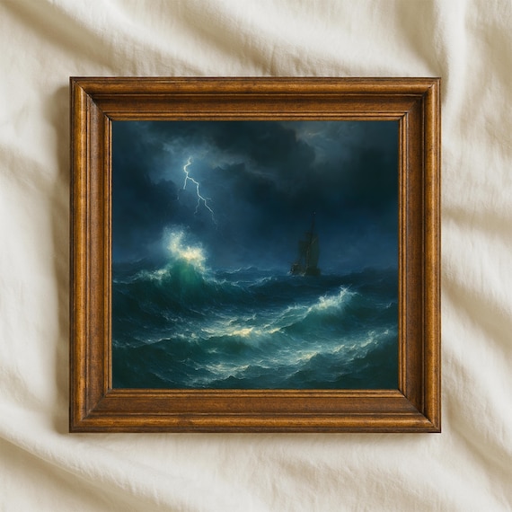 Stormy Night Seascape Lightning Ship Dramatic Ocean Waves Poster