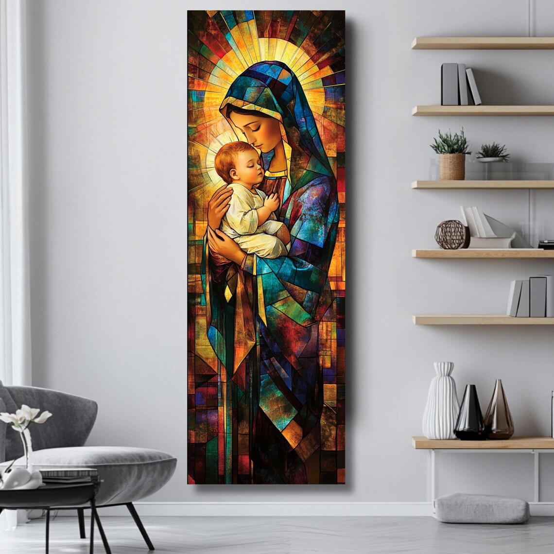 Virgin Mary And Baby Jesus Stained Glass Art Print Blessed Mother Devotional Wall Decor - Image 4