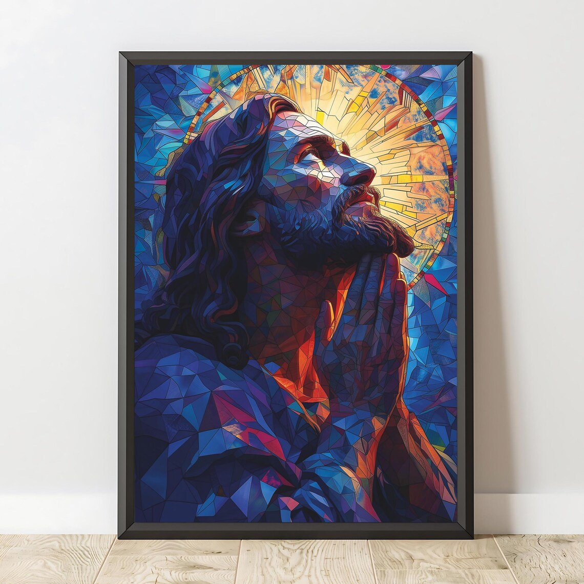 Jesus Praying Stained Glass Mosaic Blue Halo Faith Art Poster - Image 2