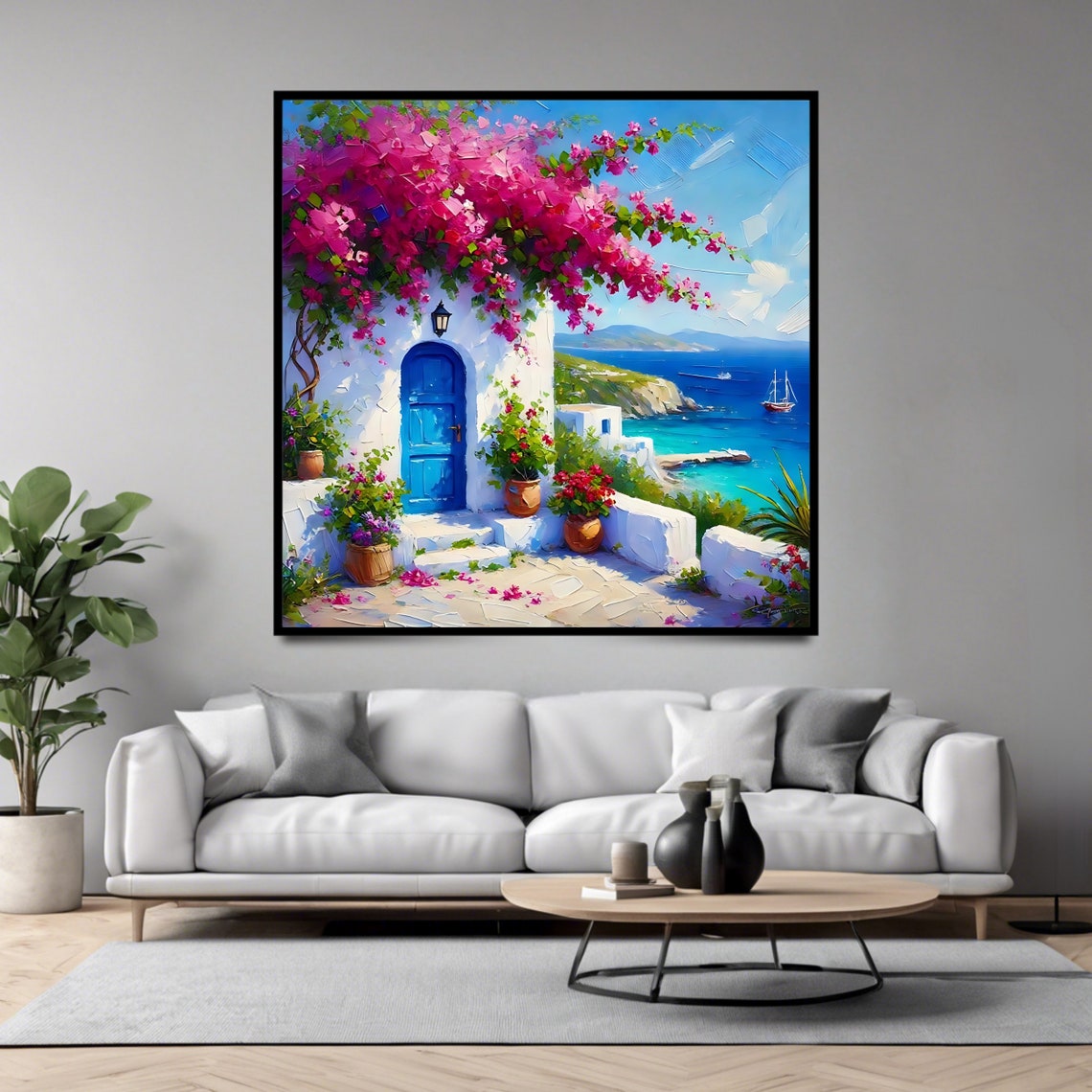 Santorini Greece Blue Door Bougainvillea Sailboats Coastal View Print - Image 4