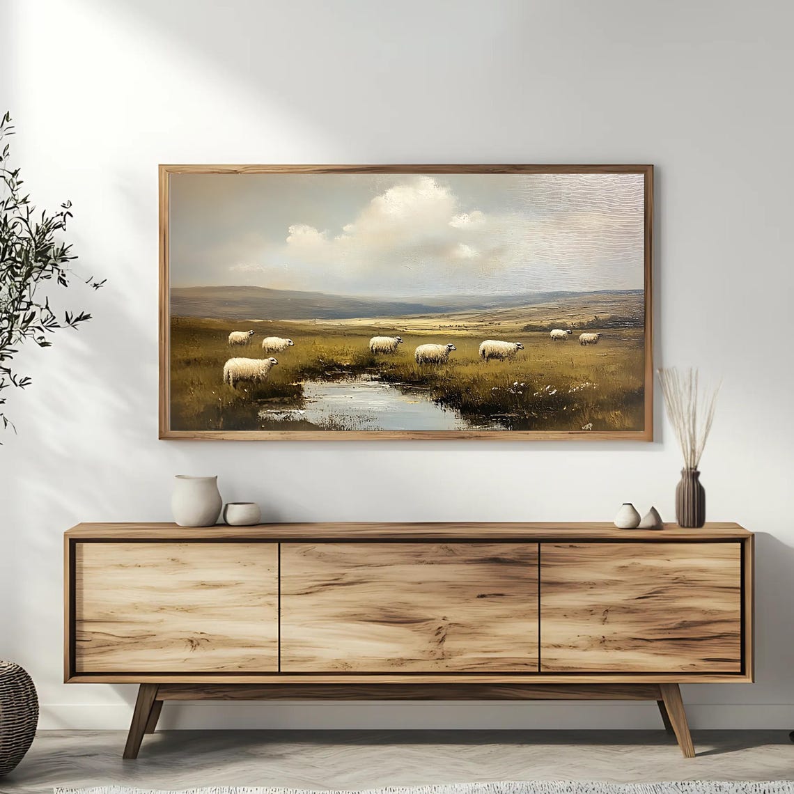 Pastoral Sheep Grazing Stream Muted Countryside Frame TV Poster - Image 3