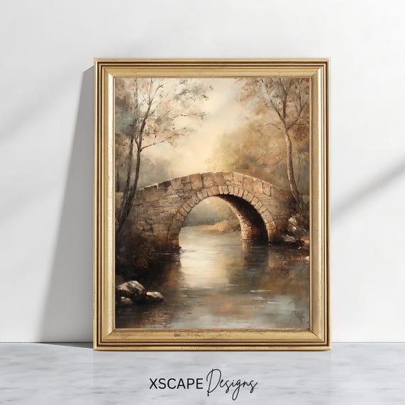 Rustic Bridge Art Print Neutral Landscape Wall Decor Countryside Home Art Vintage Painting