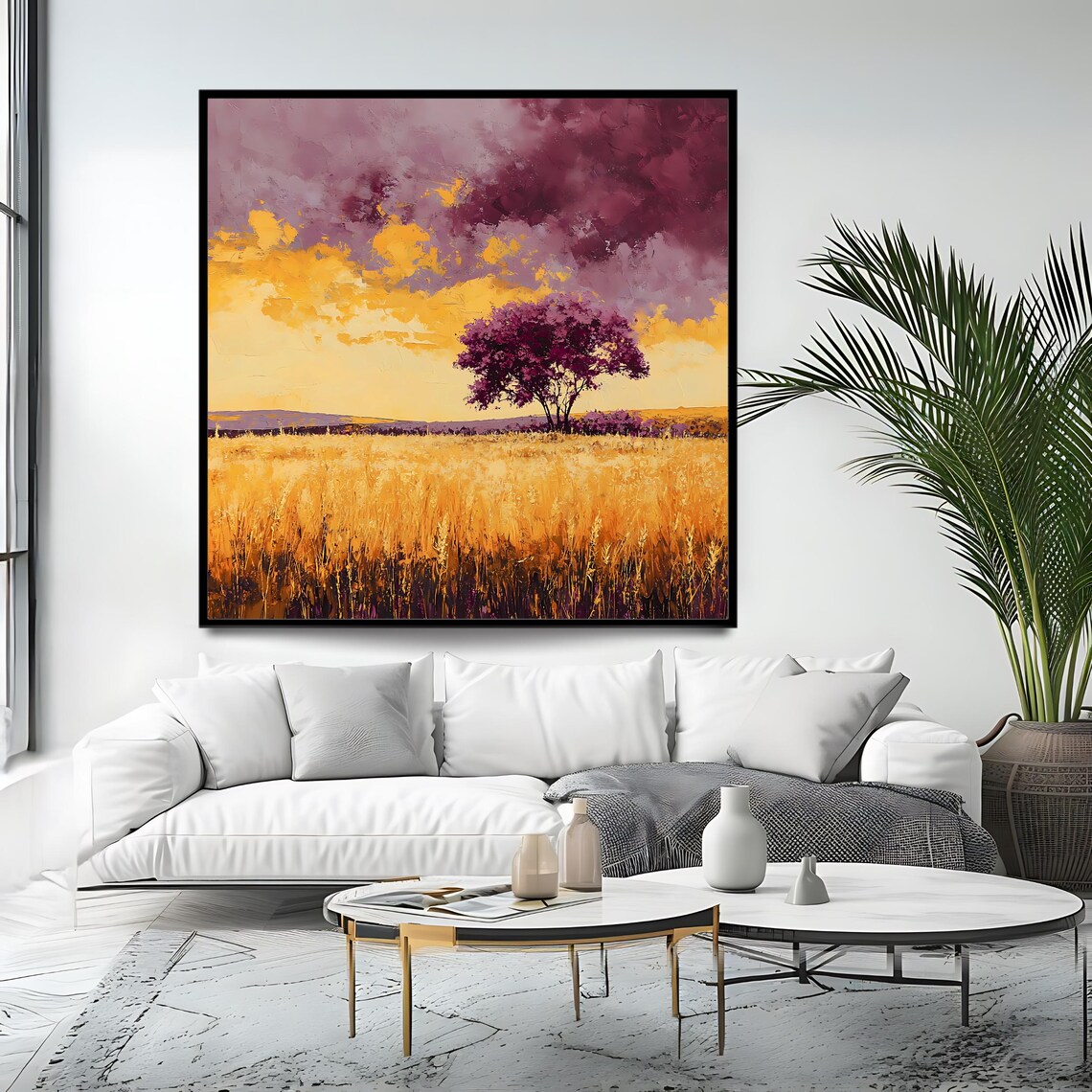 Golden Field Landscape Wall Art Print Vibrant Tree Artwork Square Nature Inspired Decor Dramatic Sky Painting - Image 4