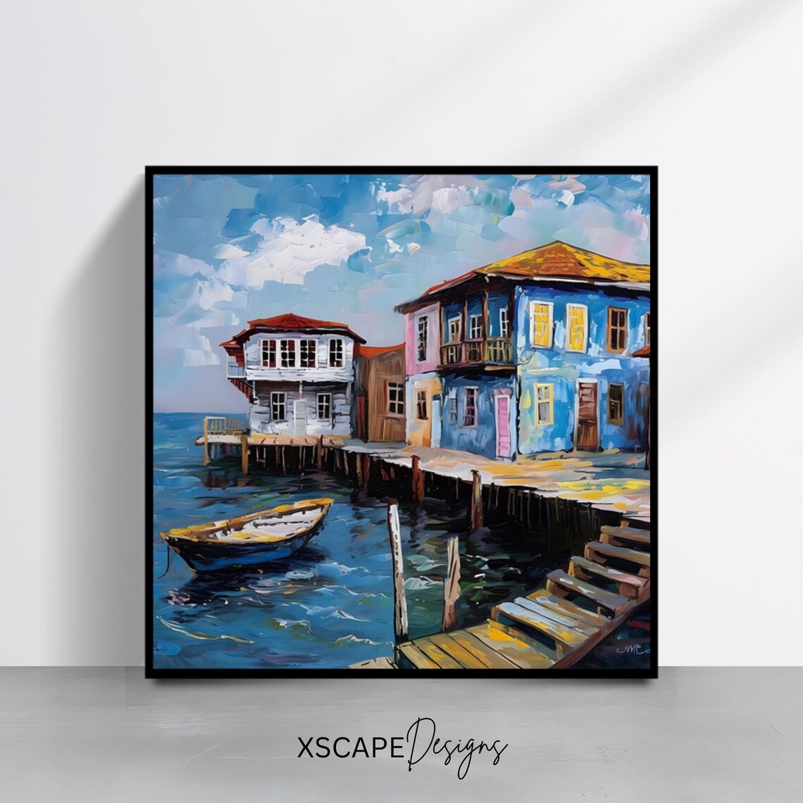 Coastal Village Colorful Houses Pier Fishing Boat Seascape Art Poster