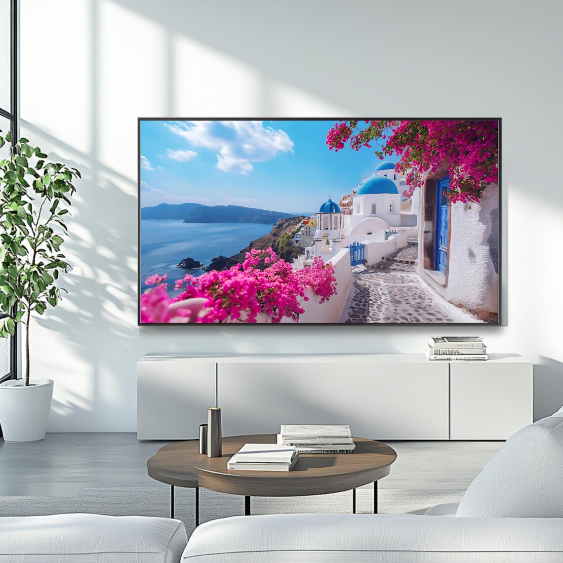 Santorini Greece Oia Blue Domes Bougainvillea Caldera View Poster - Image 4