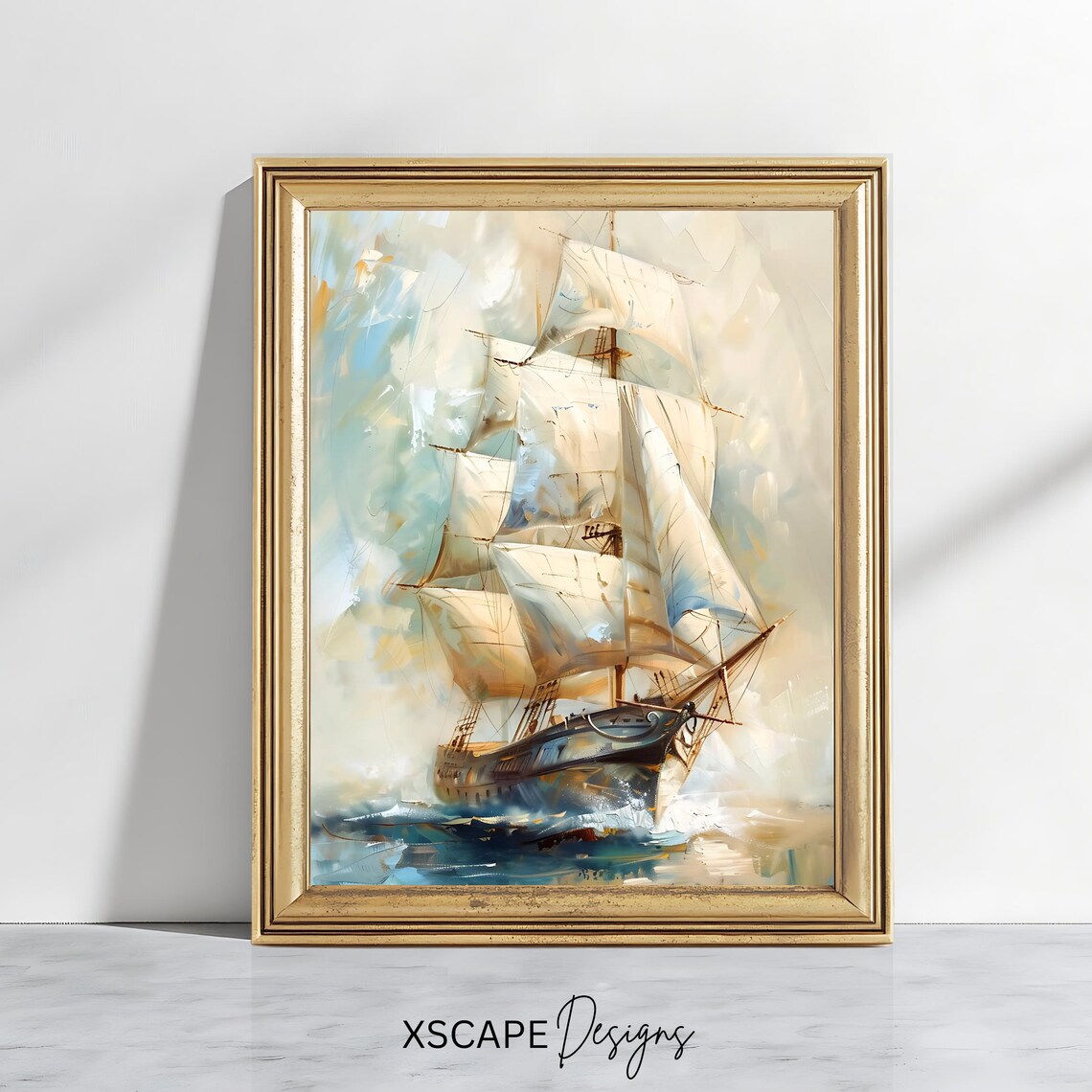 Vintage Sailing Ship Art Print Neutral Nautical Wall Decor Rustic Coastal Home Art Vintage Painting