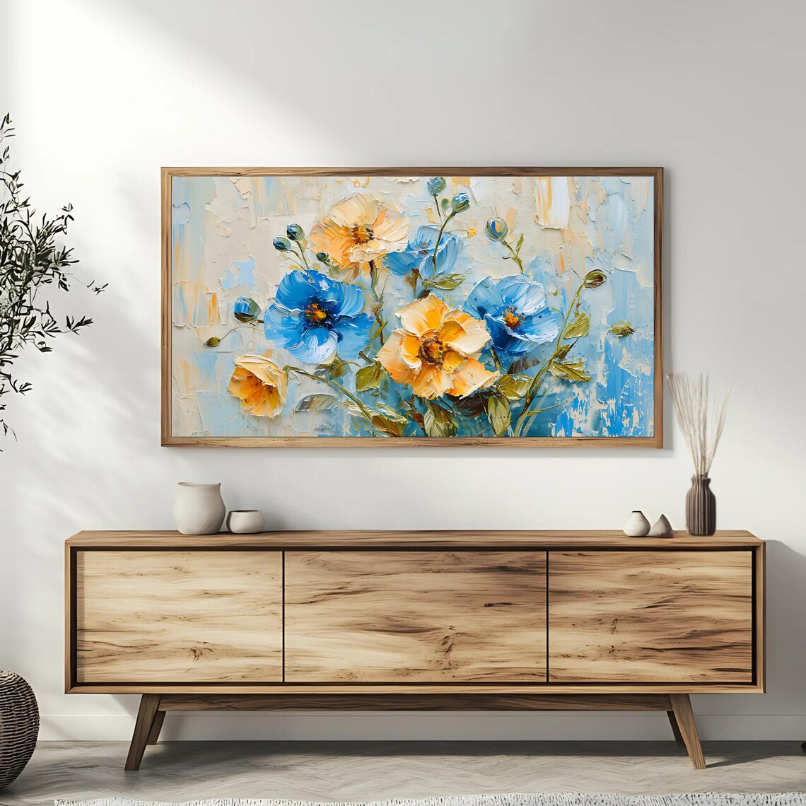 Blue And Gold Poppies Impasto Floral Painting Wall Art Poster - Image 3