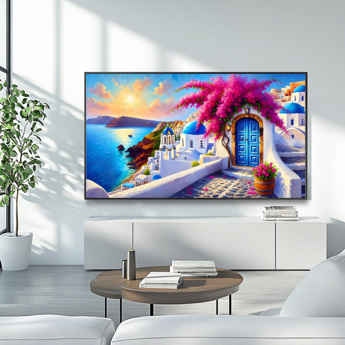 Santorini Greece Blue Doors Bougainvillea Sunset Caldera View Print - Image 4