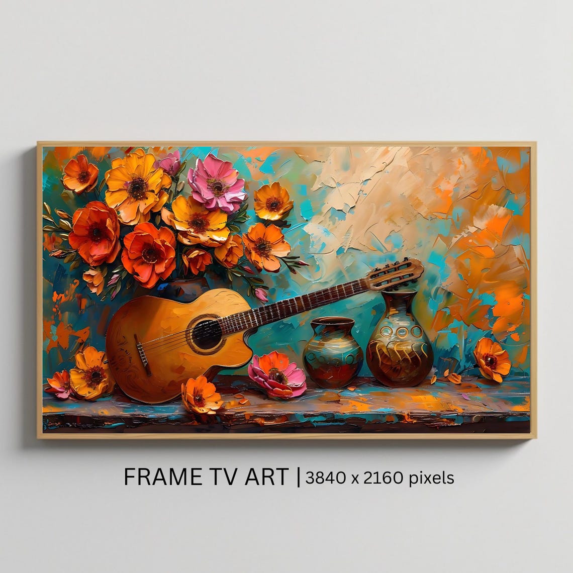 Acoustic Guitar With Orange Floral Bouquet Still Life Art Poster