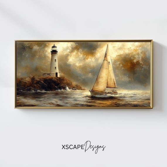 Lighthouse Sailboat Wall Art Long Horizontal Narrow Print Nautical Seascape For Above Couch Or Bed