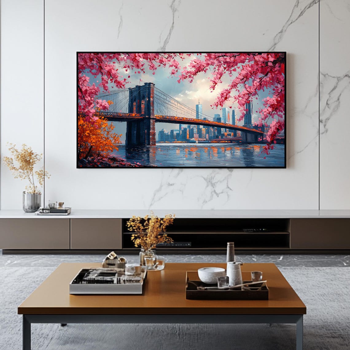 Brooklyn Bridge New York Cherry Blossom Spring Skyline Travel Poster - Image 2