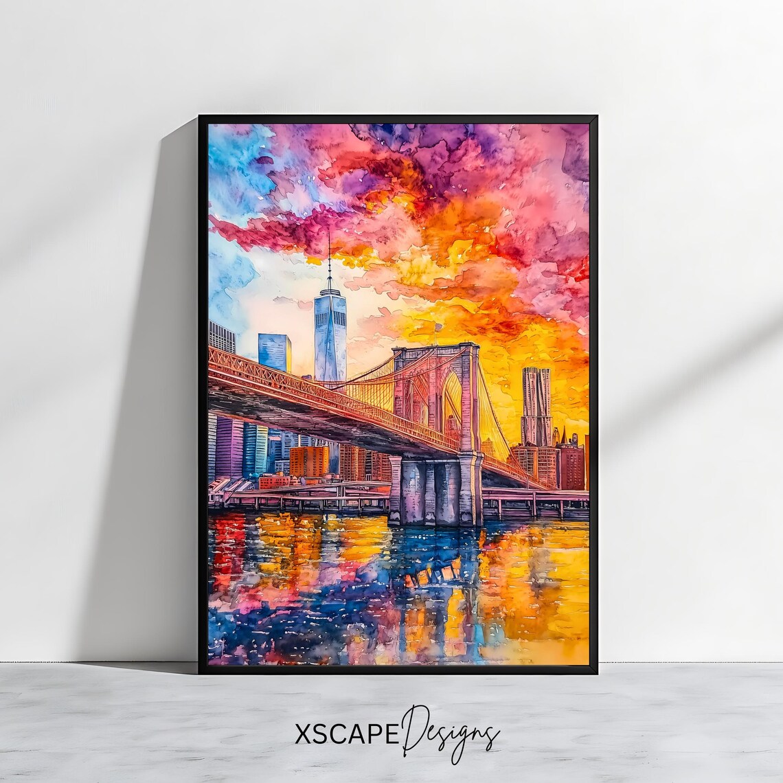 Brooklyn Bridge New York City Skyline Sunset Watercolor Travel Poster