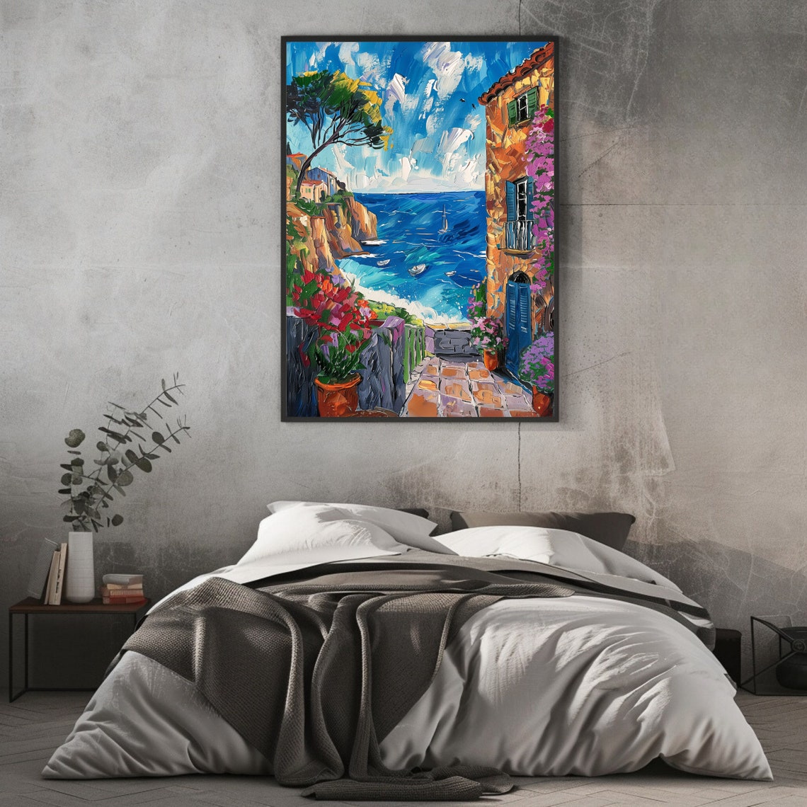 Coastal Terrace Stone Path Sailboats Blue Sea Flowers Italy Art Poster - Image 2
