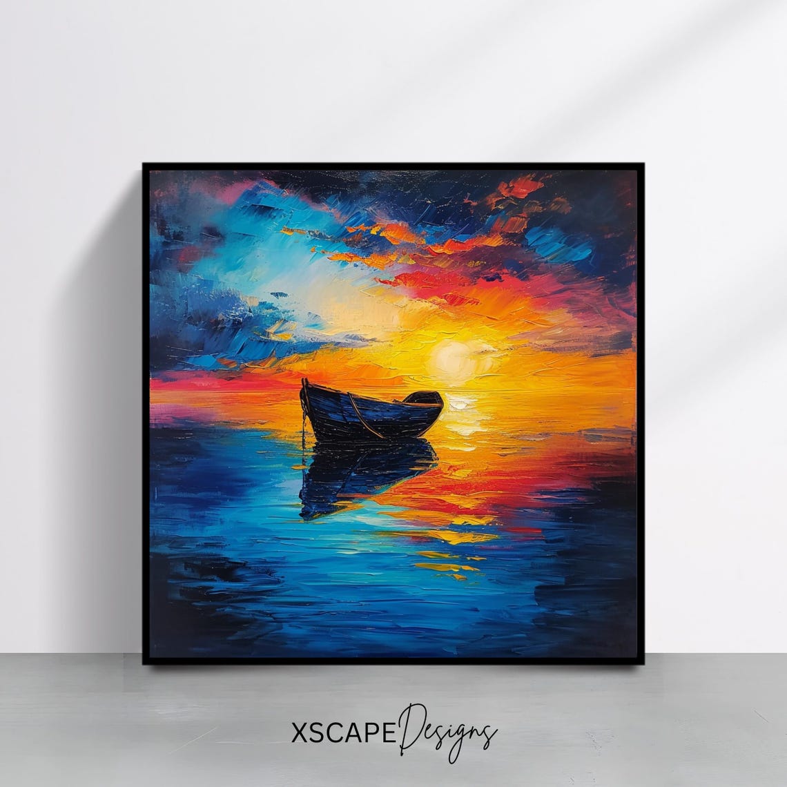 Sunset Rowboat Calm Sea Golden Reflection Blue Orange Ocean Art Poster