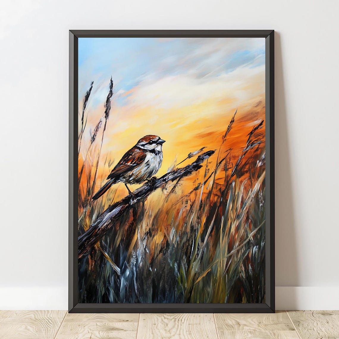 Golden Sunset Sparrow Bird On Branch Meadow Nature Wall Art Poster - Image 2